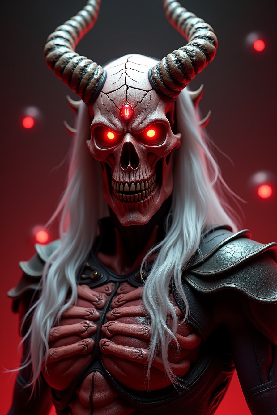 This is a highly detailed, digital CGI illustration of a demonic figure with a menacing presence. The subject's face is a skull with glowing red eyes, a gaping mouth, and intricate, cracked bone textures that add to the eerie atmosphere. The skull is adorned with a small, glowing red gem at its forehead, enhancing the demonic appearance. The figure's skin is a deep, blood-red hue, with veins and cracks visible, giving a sense of decay and power. Prominent, curved, and twisted horns protrude from the skull, adding to the menacing and supernatural nature of the figure. Long, flowing white hair cascades down the figure's shoulders, contrasting starkly with the dark, red tones of the rest of the image. The figure is dressed in a high-tech, futuristic armor, with metallic textures and glowing red highlights, suggesting a blend of medieval and sci-fi aesthetics. The background is a gradient of deep reds and blacks, with small, glowing orbs scattered throughout, adding to the otherworldly feel of the image. The overall style is dark and intense, with a focus on detailed textures and lighting to create a haunting and powerful visual impact.  <lora:qihuan222 (1):0.9> <lora:qihuan222 (2):0.9> <lora:qihuan222 (3):0.9> <lora:qihuan222 (4):0.9> <lora:qihuan222 (5):0.9>