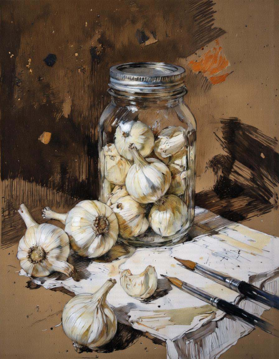 A pencil drawing of a glass jar with a metal lid,  filled with garlic and onions. The background is a dark brown color wit...