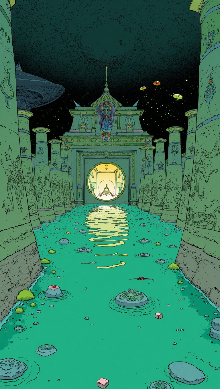 cartoon moebius illustration in mb artstyle of an ancient subterranean temple chamber submerged in knee-deep clear water,...