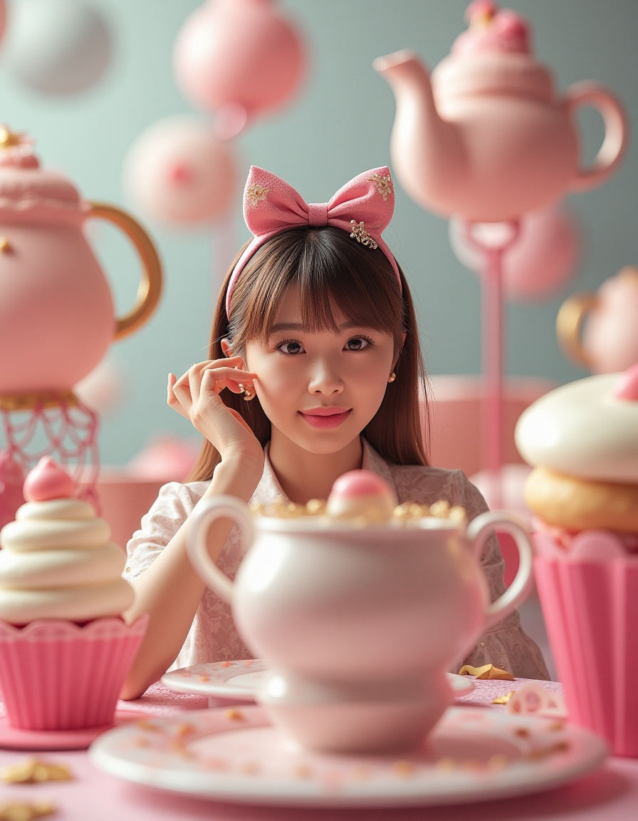 Photorealistic image of a woman,  Photorealistic image of a woman in a world filled with oversized teapots,  cupcakes on T...