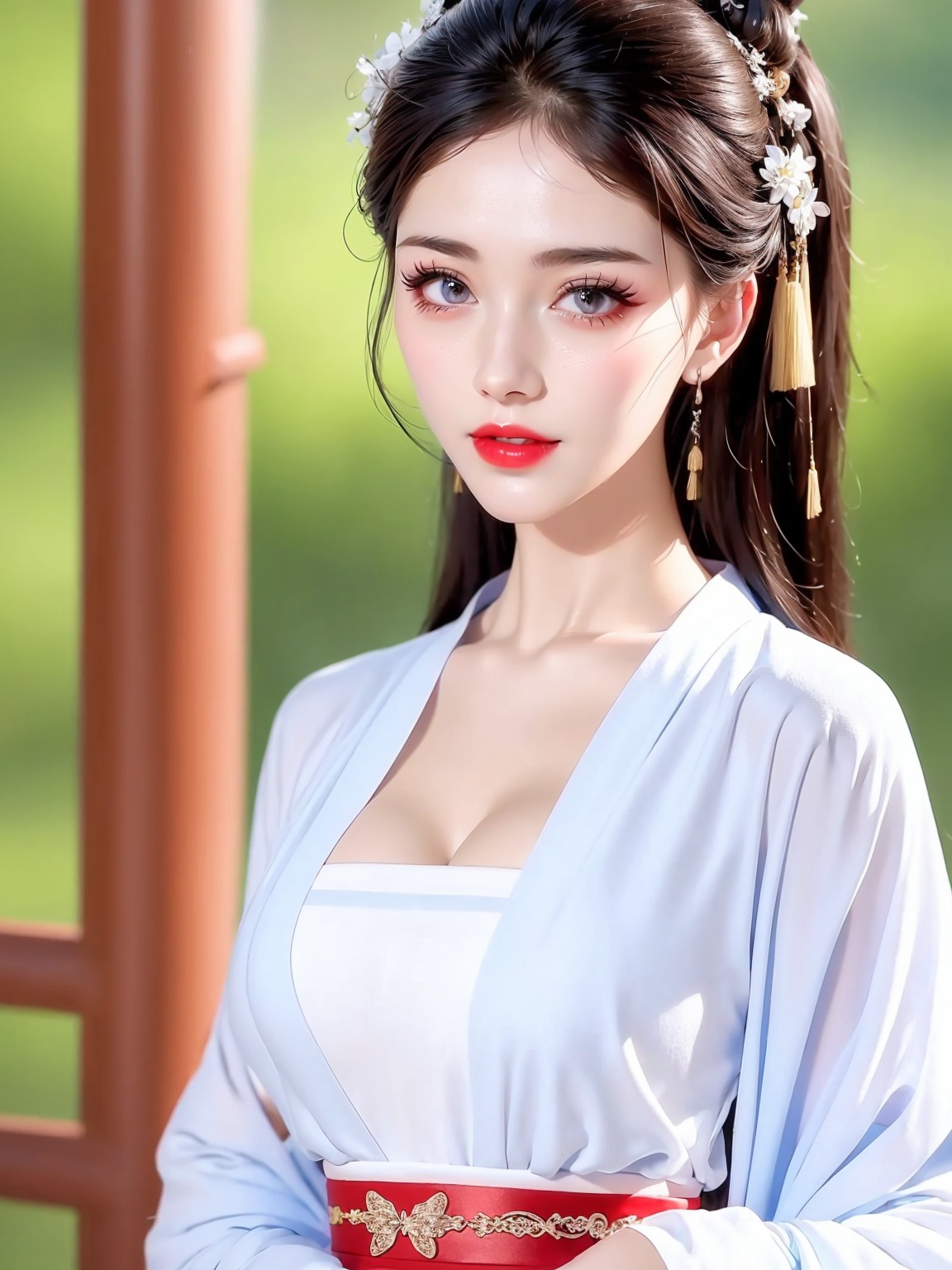1girl, ,,Diamond Earrings , see-through,headwear , , solo, , with heavy makeup，red lips，Moisturizing red lips，Purple dress，Hanfu，White Dress，eye makeup，breast，solo，dress，Look at me ，close-up <lora:汉服齐腰吊带1.2:1>