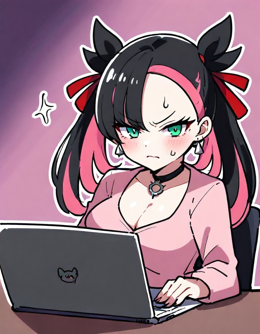 1girl, morpeko \(full\), pokemon,zmgwshnmspfd, asymmetrical bangs, bangs, black hair, hair ribbon, ribbon, twintails, red ribbon, earrings, green eyes, breasts, aqua eyes, long hair, laptop, angry, black choker, cleavage, multicolored hair, blush stickers, sleeves past wrists, two-tone hair, large breasts, personification, sweatdrop, choker, upper body, shirt, jewelry, pink hair, computer, closed mouth, :<, pink shirt, solo, looking at viewer, oversized clothes<lora:nsnsns:1>​​​