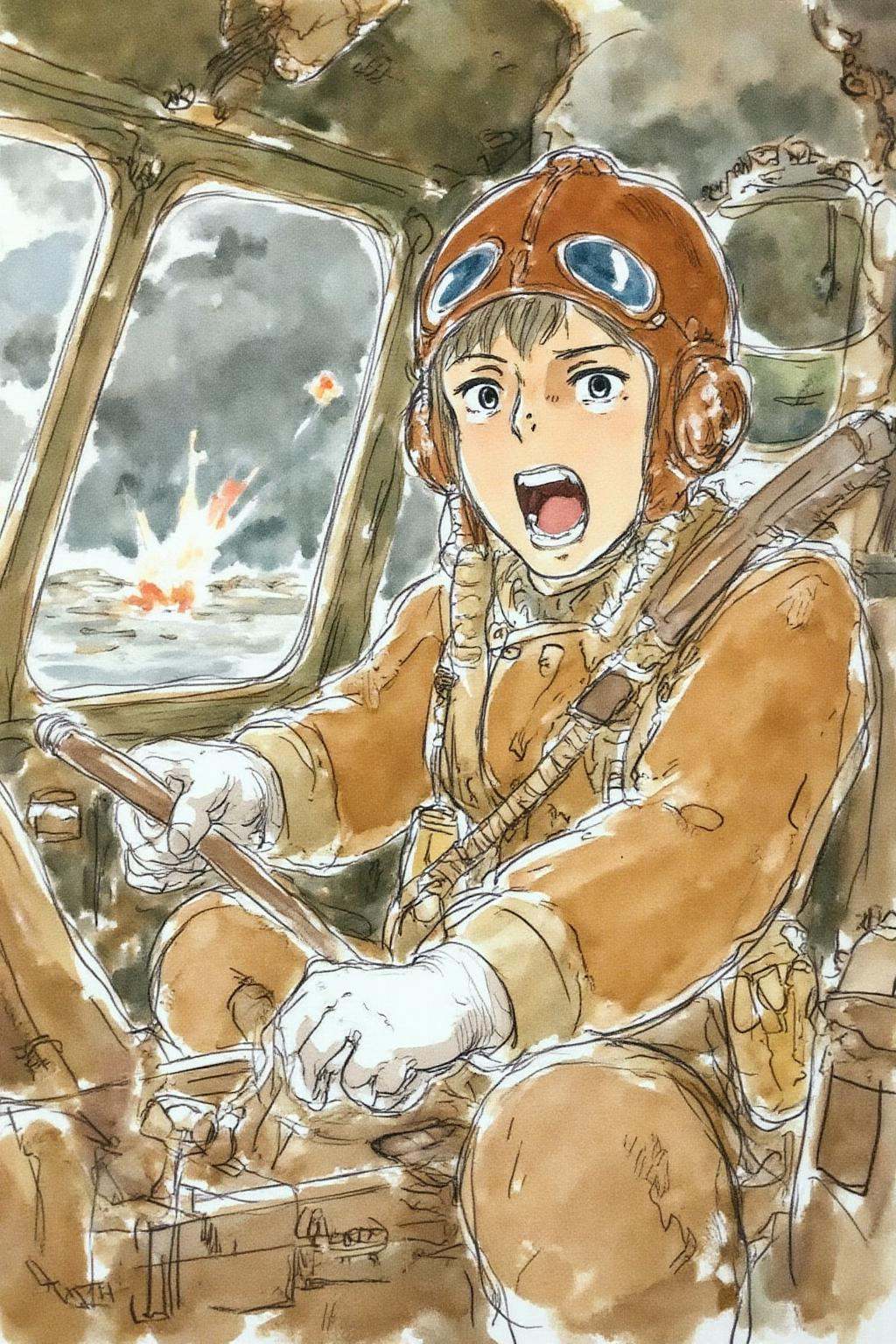hayaomiyazaki2 illustration. A female pilot screaming inside the cockpit of a World War II bomber. The pilot,  wearing a v...