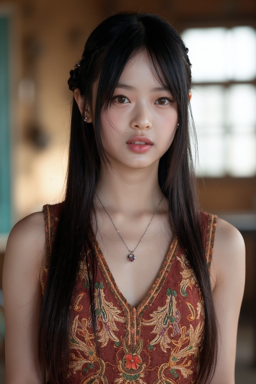 bright photo of beautiful east asian girl wearing bohemian dress,  inside a rustic house with windows,  necklace on Tensor...