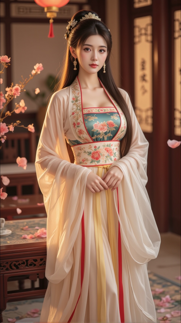 A serene woman adorns a majestic palace setting,  dressed in an exquisite ancient Chinese attire on Tensor.Art