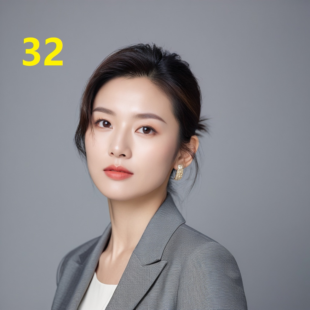 leogirl,A 32-year-old woman,portrait photo,facial focus,photo taken,fashionable and simple,Chinese ethnicity,soft gray background,natural lighting,high-resolution clarity,contemporary portrait,gentle,fashionable and avant-garde,simple accessories,details with strong contrast between skin color and neutral background,looking at the audience,