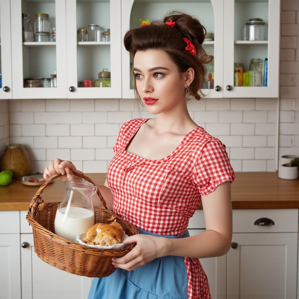 A vibrant,  retro-style portrait of dasha_taran in a kitchen. She wears a red and white checkered dress with a blue apron,...
