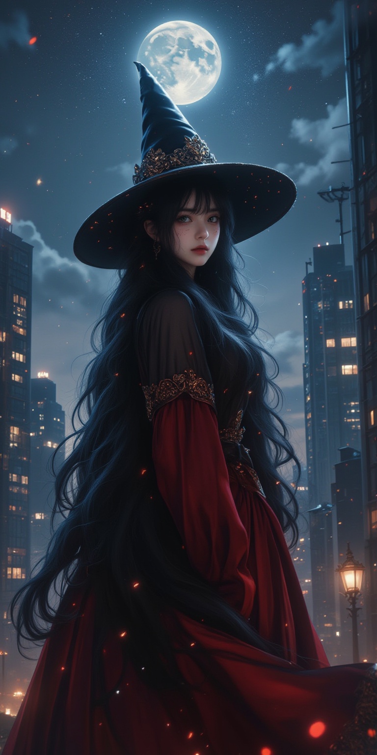 A mysterious witch stands out against the cityscape in the dim light of a bright full moon of magnitude 1.1. She wears a pointed black velvet hat, decorated with intricate details that seem to absorb starlight. Her bangs and sides are white, and her long black hair flows down her back like a burning river. Her piercing green eyes sparkle with an otherworldly intensity, amidst a scattering of freckles that add to her mysterious allure. Her face has a sly expression, as if sharing a secret that only the stars can hear. The witch’s attire is a stunning red velvet blue gown, open and wide, with rolled-up sleeves that reveal her elastic arms and mysterious aura. The city buildings tower around her like sentinels, their steel and concrete façades a stark contrast to the spiritual beauty before us. As she looks directly into our eyes, we sense that this witch is no ordinary sorceress. She is a keeper of secrets, a guardian of ancient wisdom, a wielder of dark magic. Top quality, very detailed and delicate details description:1.2,