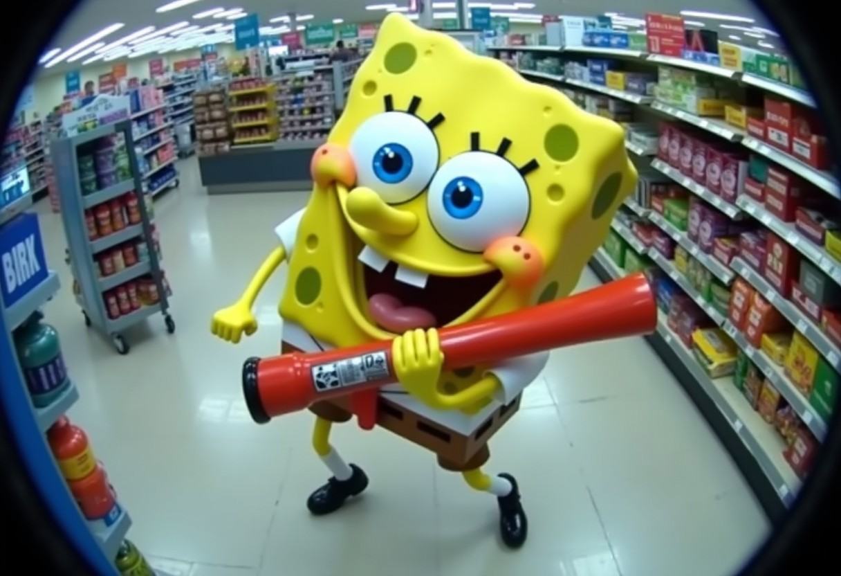 Spongebob carries a bazooka and rob a supermarket. caught on cctv camera. The viewpoint is taken from a CCTV camera locate...