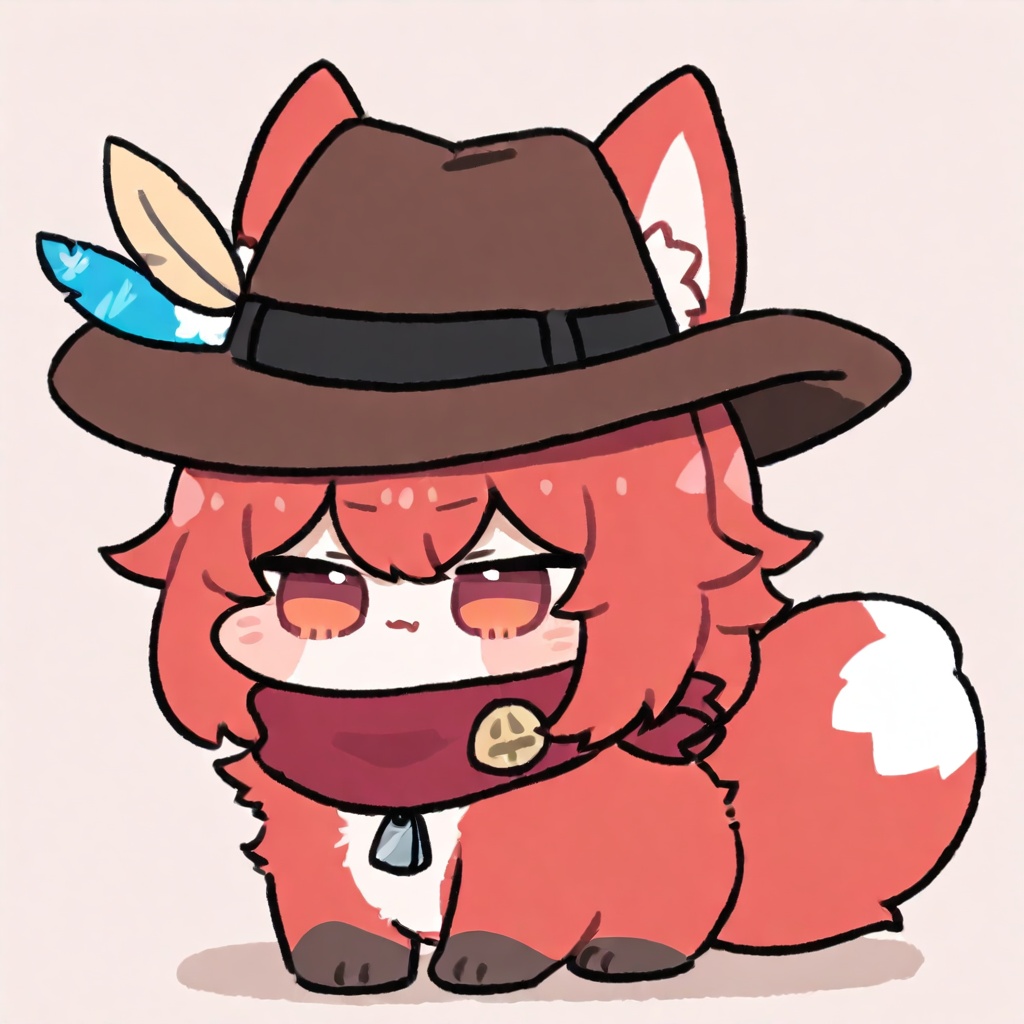 <lora:oldstore:1>,masterpiece,best quality,masterpiece, best quality, solo,red hair,black cowboy hat,hat feather,red scarf,,dog_tags,chibi, virtual youtuber, ,,,, simple background, Animal fur, big tail, animalization, fox, white and red body, , full body,