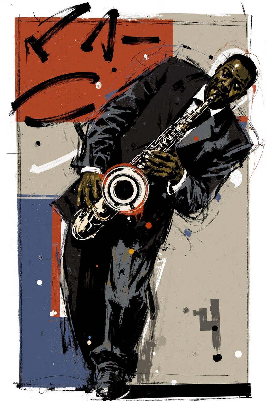 poster illustration. An African American musician,  facing the viewer,  is playing a saxophone. He is dressed in a dark su...