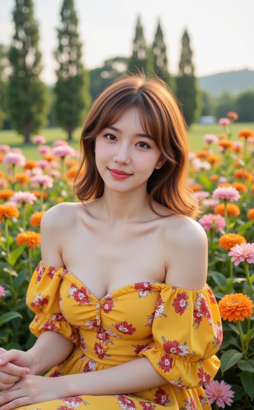 A young woman with fair skin and shoulder-length,  wavy auburn hair sits in a field of blooming orange and pink flowers. S...