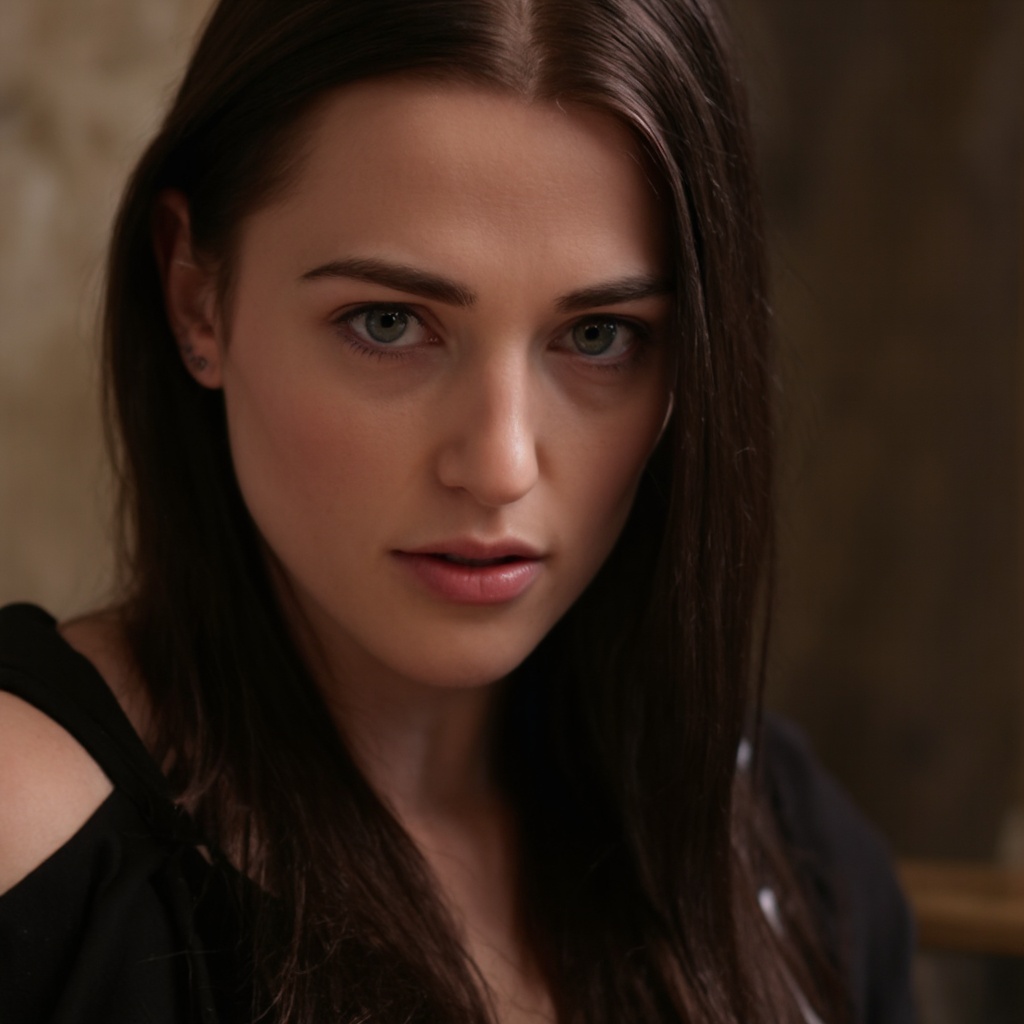 A close-up portrait of katie_mcgrath with long,  straight brown hair. She has fair skin and blue eyes,  and her fair compl...