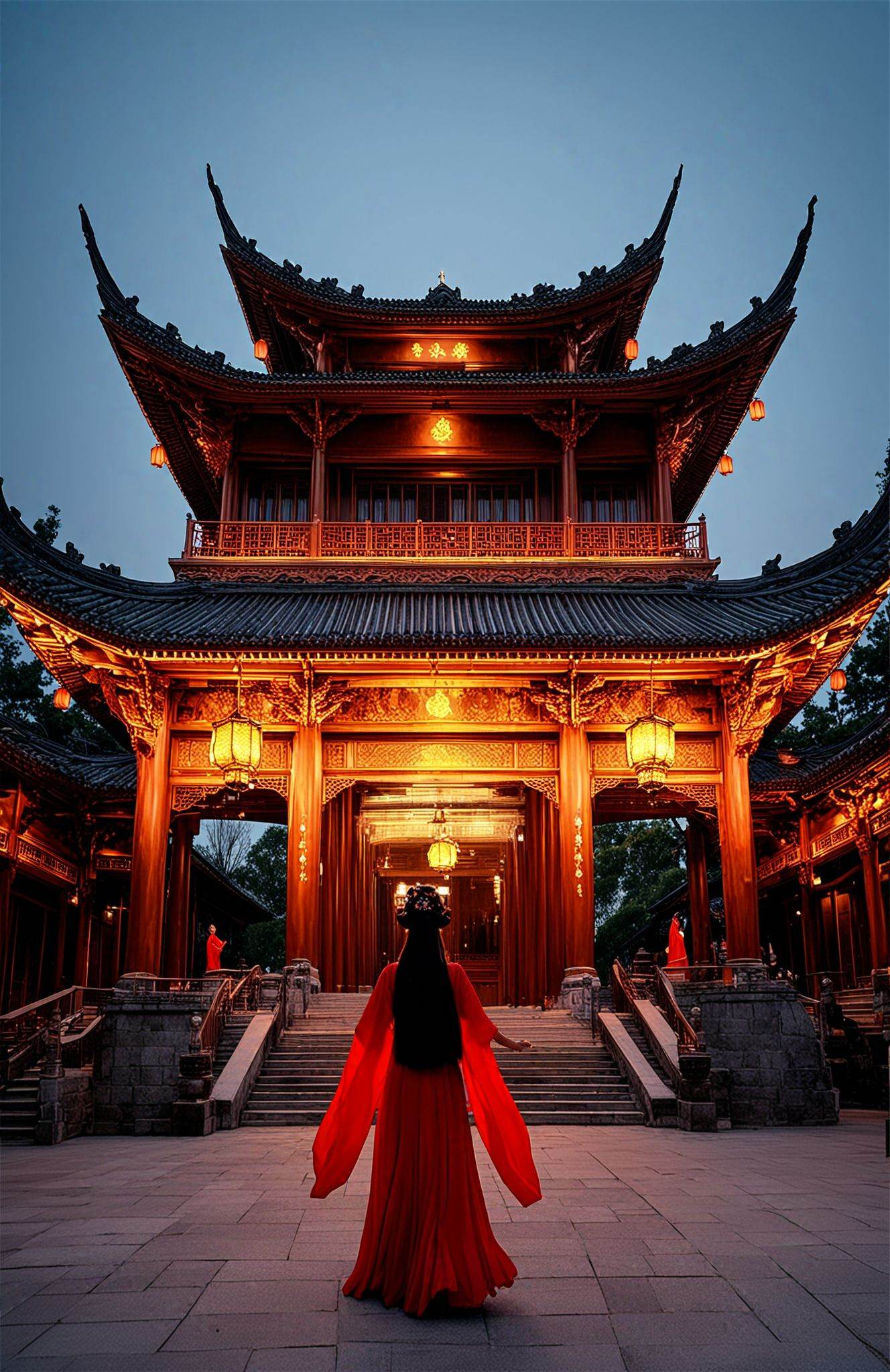 score_9,score_8_up,score_7_up,score_6_up,score_5_up,In front of a traditional Chinese building illuminated with warm lights,a woman dressed in a vibrant red traditional Chinese garment plays a Chinese zither. The intricate wooden structure of the zither,with its elegant curves and detailed carvings,stands out against the night sky. The woman's graceful fingers dance across the strings,producing melodious sounds that blend harmoniously with the ancient architecture behind her.,