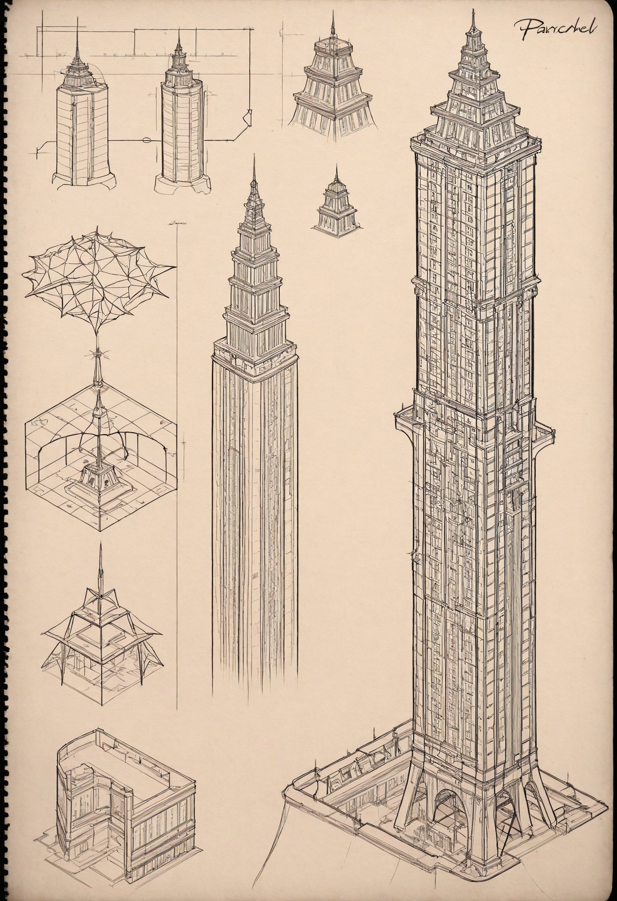 tower,  architectural plans,  lineart on Tensor.Art