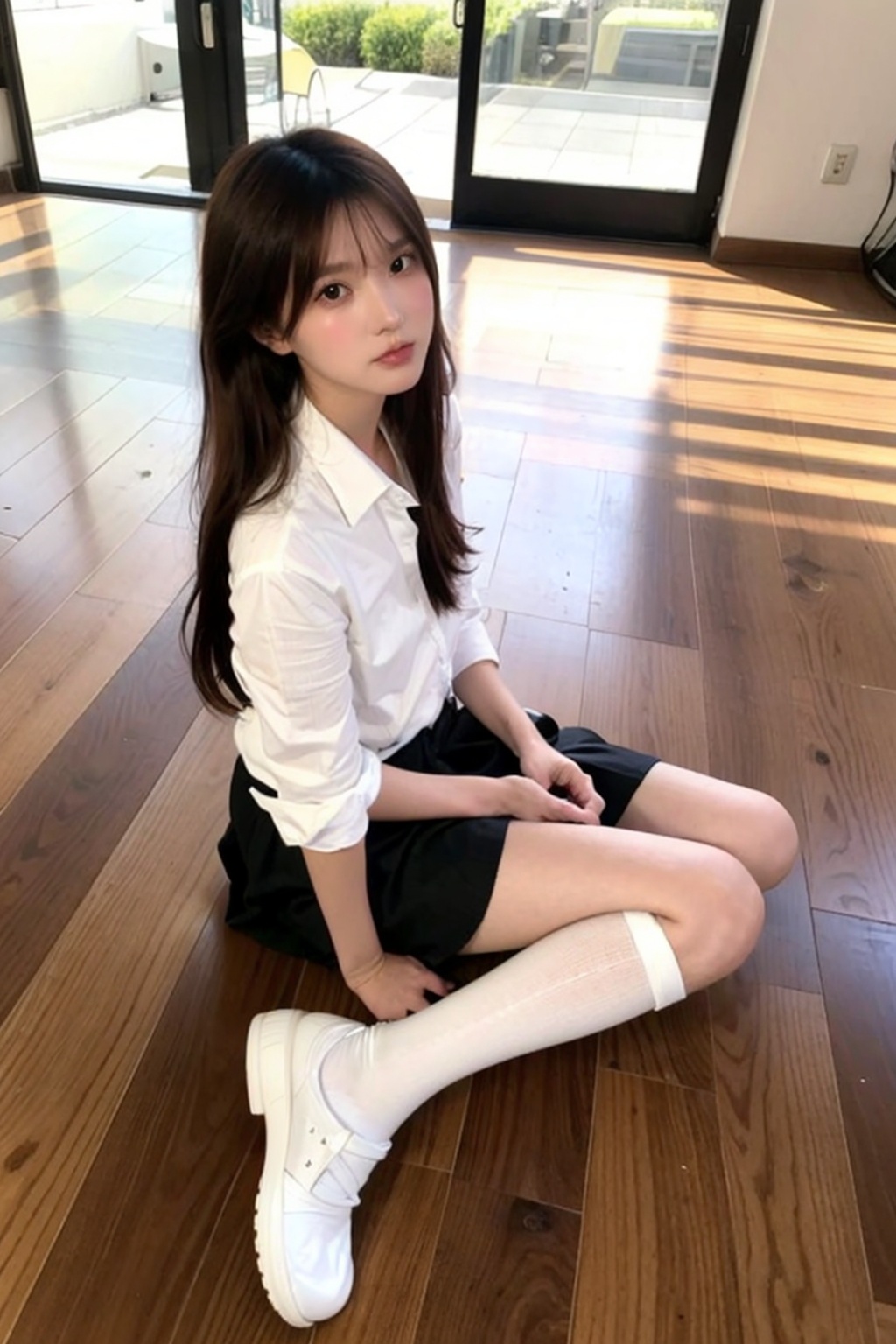 ultra-high definition,extreme detail,8k,realistic,(masterpiece:1.3),(best quality:1.3),(photorealistic:1.4),realistic,4k,detail face,,1,1girl,solo,long hair,sitting,socks,black hair,realistic,camera,wariza,looking at viewer,skirt,shoes,hair ornament,white footwear,kneehighs,wooden floor,black eyes,holding,dress,shirt,white socks,<lora:_20241112102741-000006:0.8>