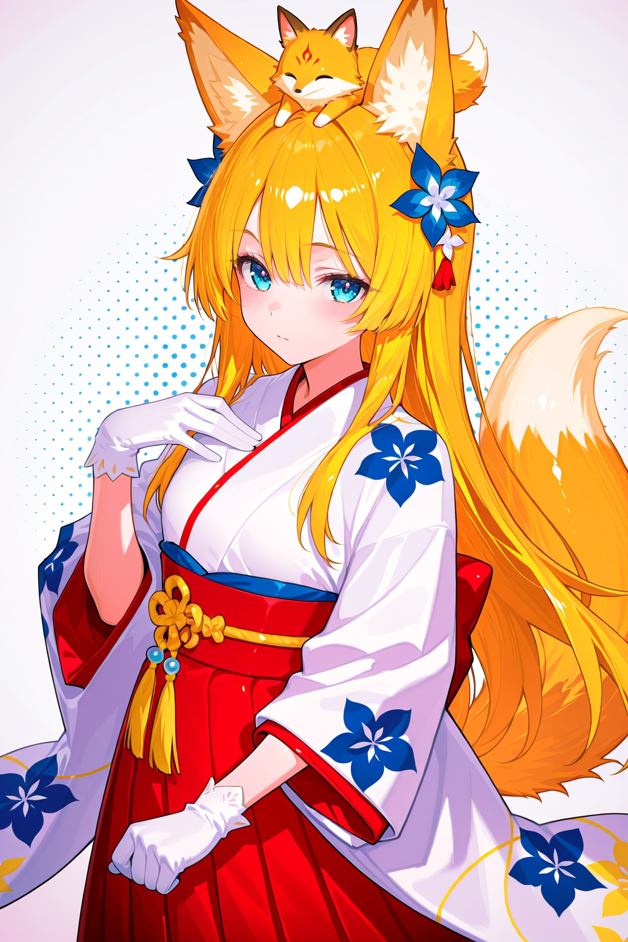 anime girl with white long hair is looking directly at the viewer with a gentle expression.she has fox ears and fox tail,...