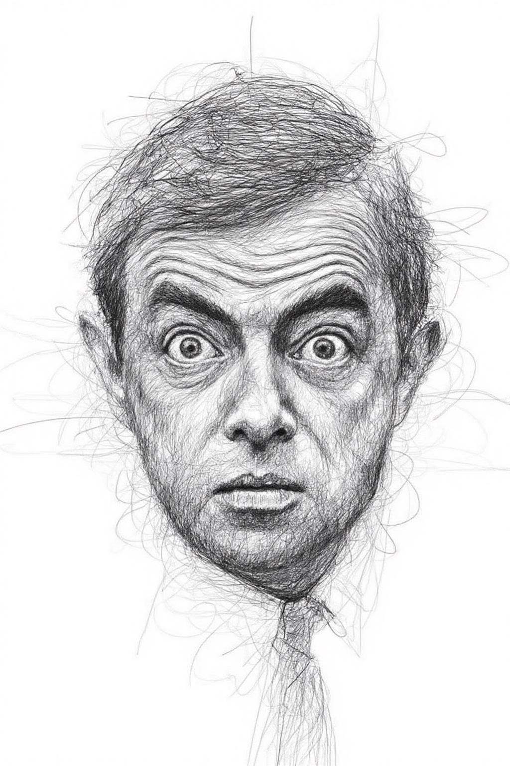 Drawing of 6he face of Rowan Atkinson as Mr. Bean He has a distinctive facial expression,  characterized by wide-open eyes...