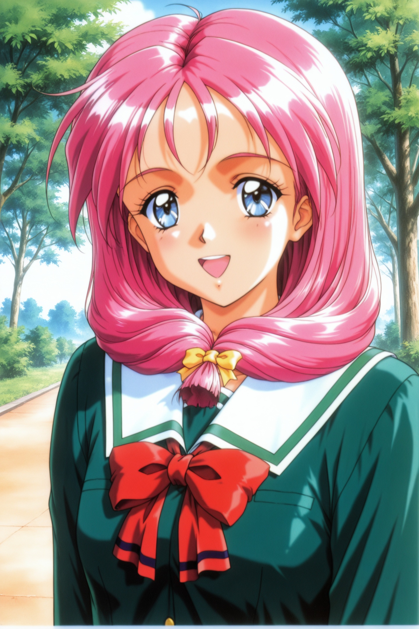Original Style,Shirayuki Miho,1girl,solo,blue eyes,pink hair,school uniform,open mouth,smile,retro artstyle,hair over shoulder,1990s \(style\),long hair,looking at viewer,ribbon,bow,upper body,green shirt,:d,outdoors,<lora:Tokimeki Memorial 2_illustriousXL_v2:1>,