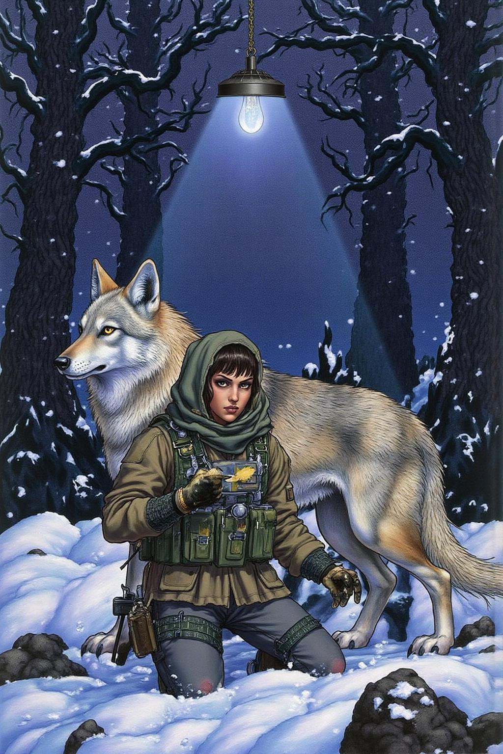 jole1 illustration.A lone futuristic,  rugged female warrior kneels in a dark,  snowy forest at dusk on Tensor.Art