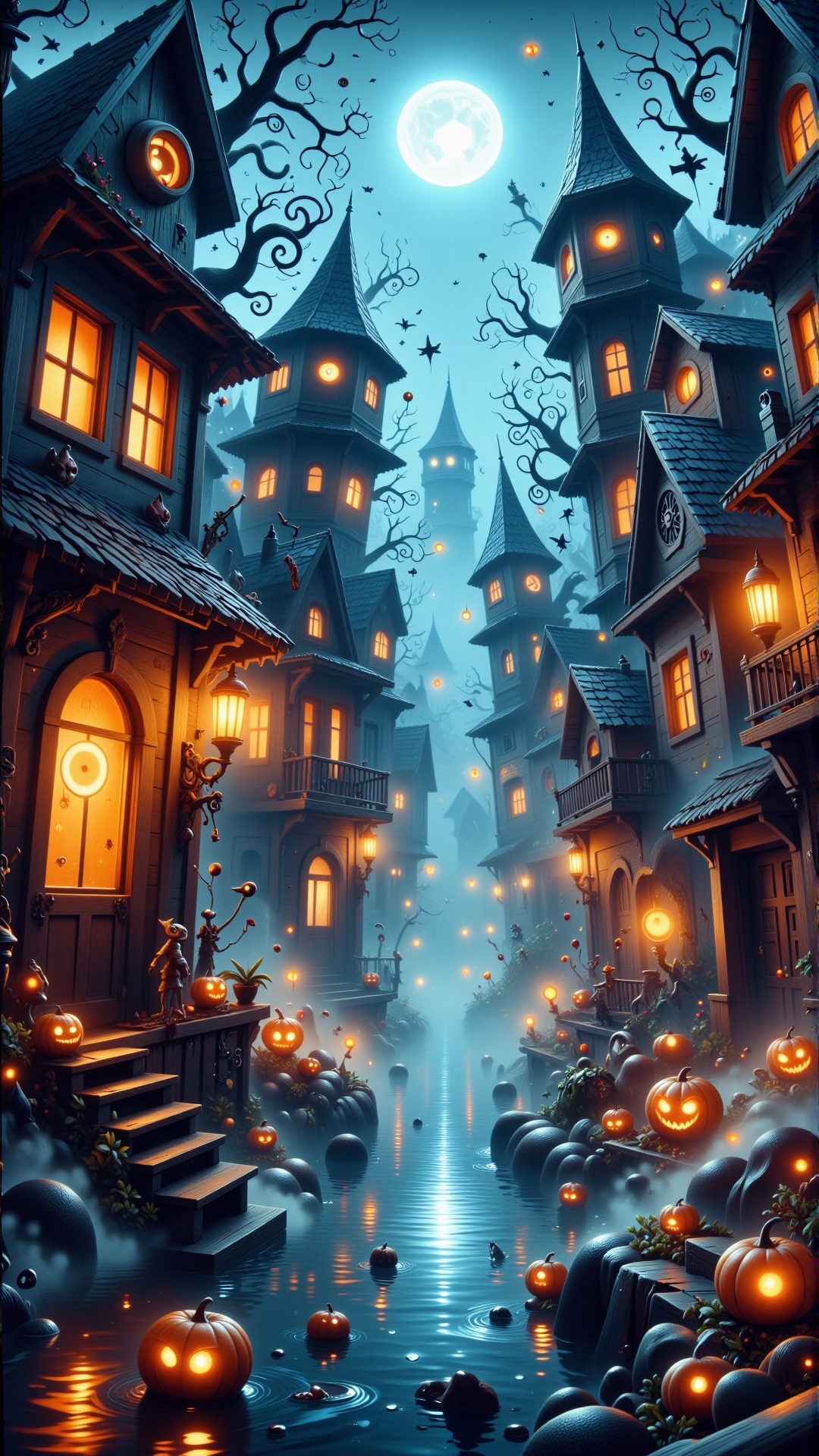 HalloweenGlowStyle orange themed Fantasy realism of a river of time flowing through a forgotten town,  Bioluminescent fore...