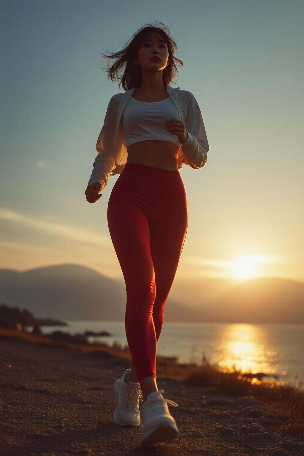 midjourneylowangle11q Low angle shot. Asian woman is walking outdoors during sunset. She is wearing a white crop top and r...
