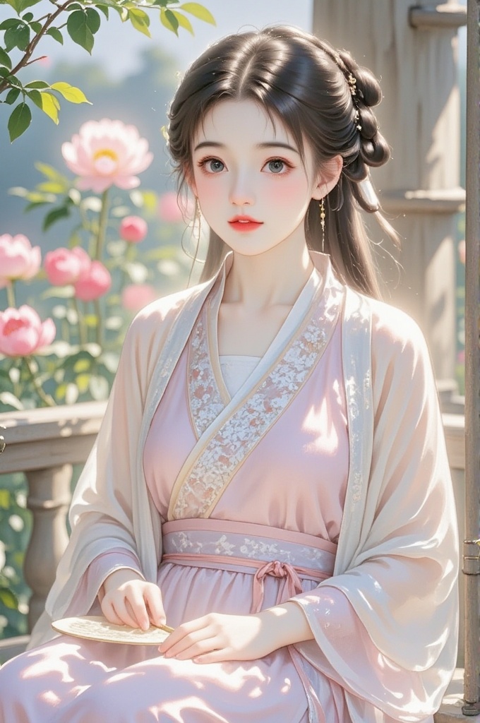 huimeng11,A lovely girl in ancient costume,wearing light pink hanfu,bun,hairpin,waist long hair,ins filter,holding a round fan in his hand,sitting in the pavilion,peony garden,wearing *** gong on his head,