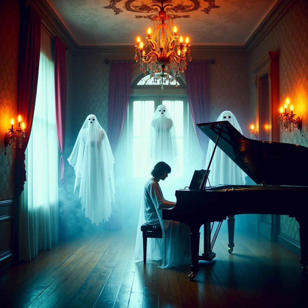 HalloweenGlowStyle sunrise,  sunset,  twilight themed A ghostly piano concert in an old mansion on Tensor.Art
