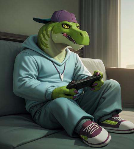 this photograph depicts a kan3 sitting on a couch playing a video game,  controller,  holding controller on Tensor.Art