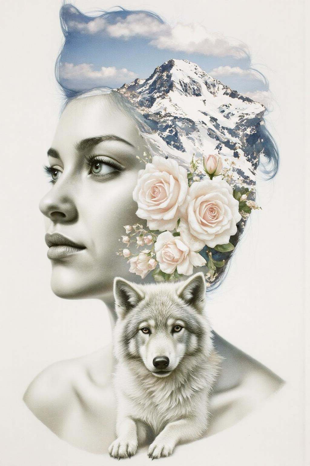Portrait painting. A woman whose hair blends seamlessly with a mountainous landscape featuring snow-capped peaks. Delicate...