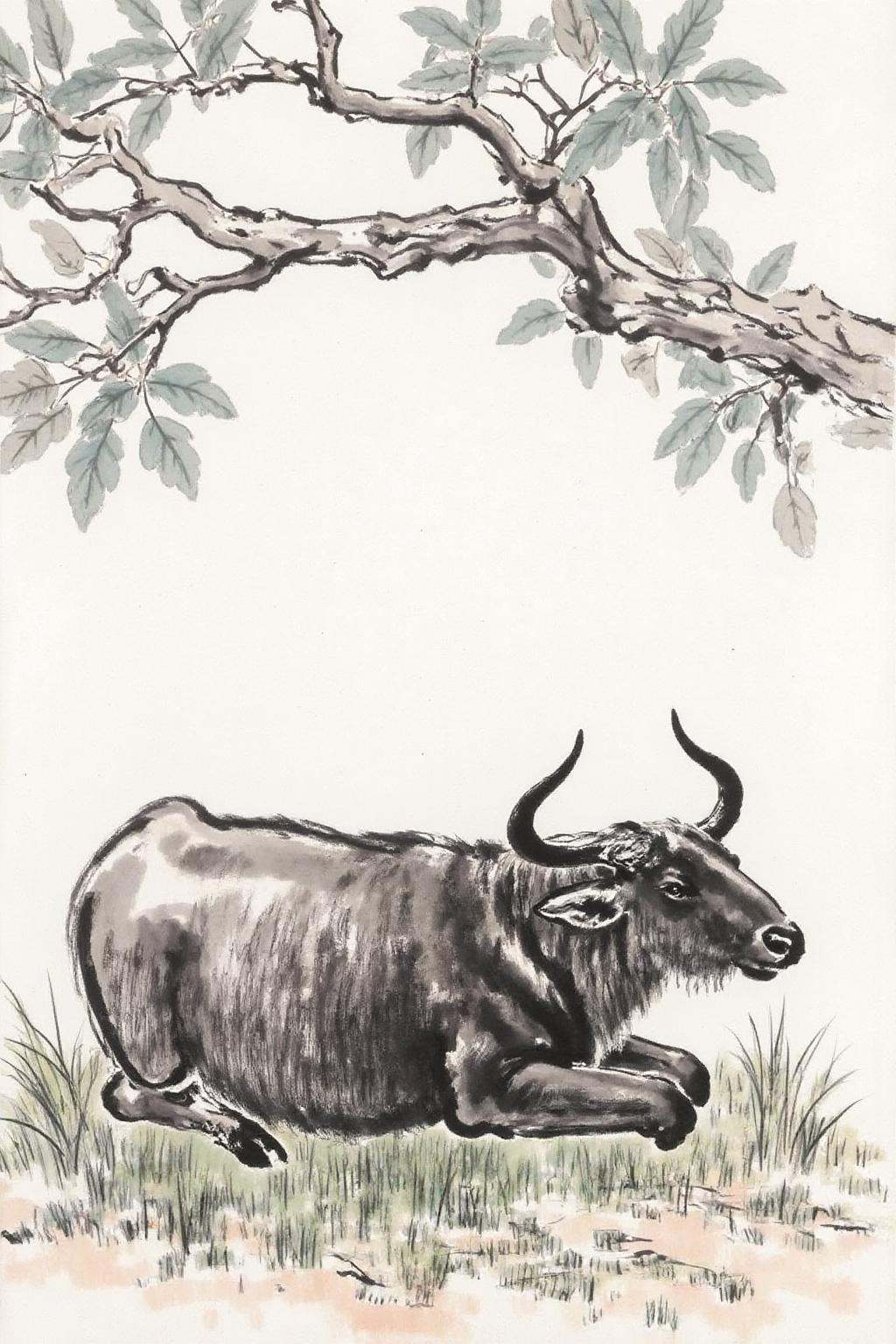 xbh1 ink wash painting.A buffalo resting on grass,  with a tree branch above. on Tensor.Art