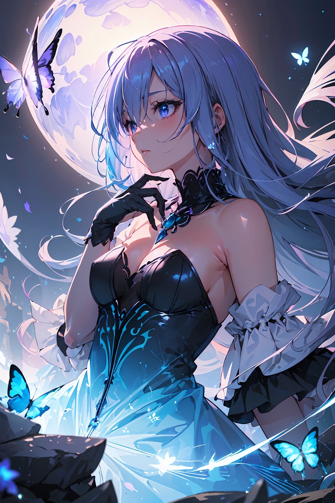 A captivating,  dreamlike anime girl standing in a fantastical landscape filled with swirling shades of sleek black and ir...