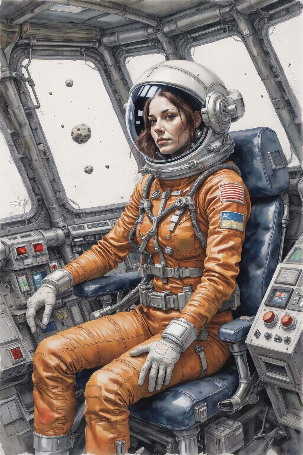 yawc1 watercolor.A woman wearing a futuristic yet retro spacesuit sitting inside a retro chrome spacecraft,  confidently p...