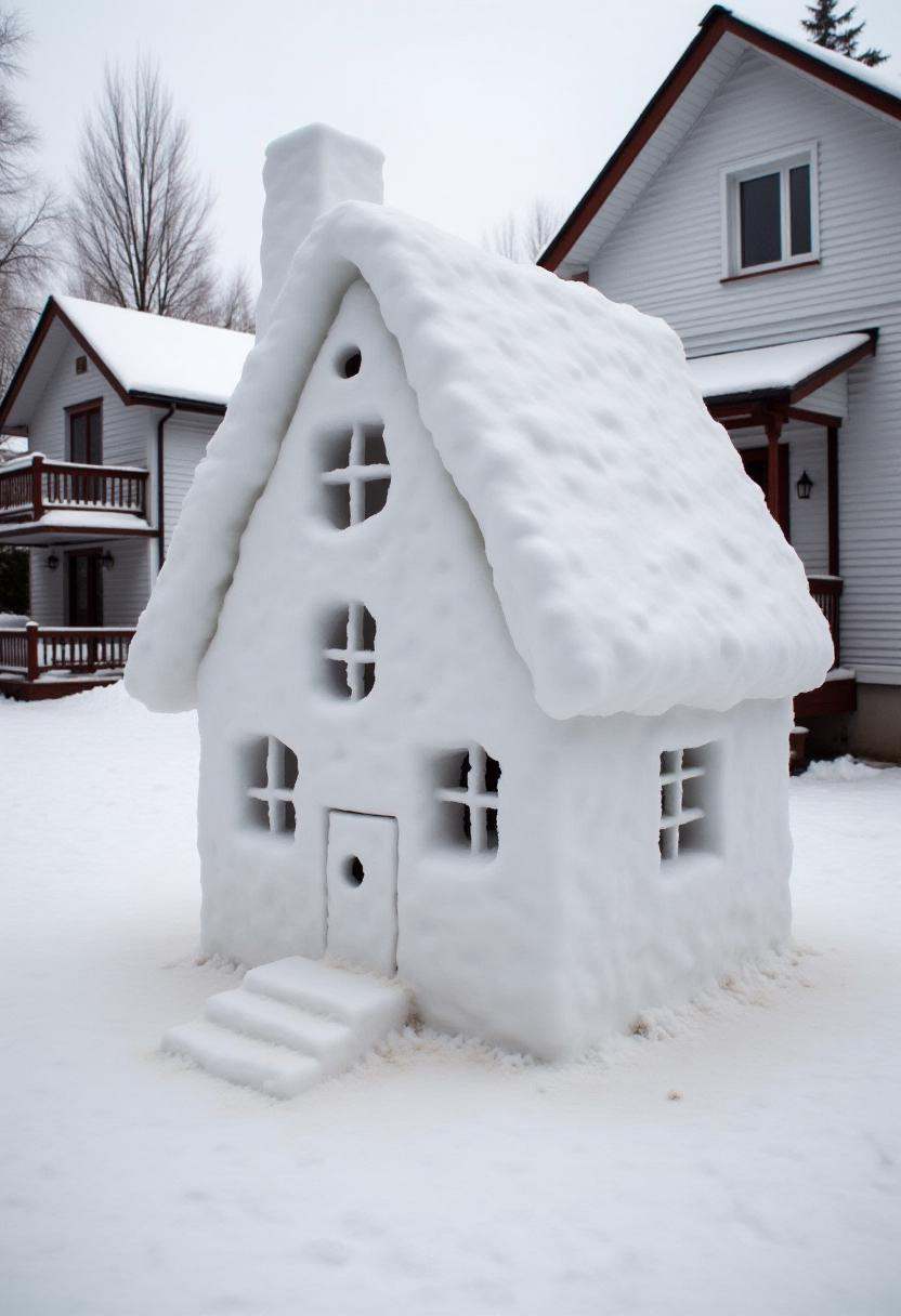 Realistic photograph of a house snow sculpture,  crafted entirely from snow. The snow sculpture's texture is uneven,  with...