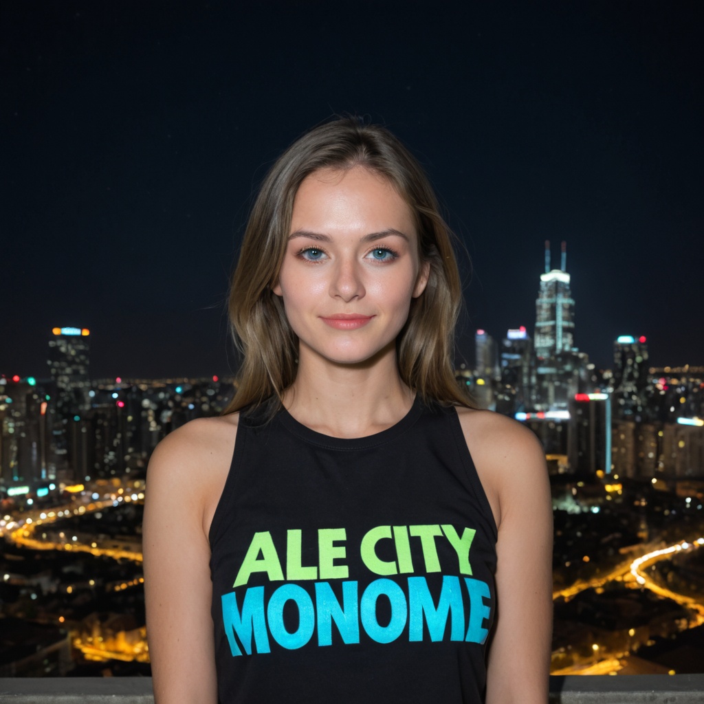 close portrait a 20 years old woman in a colorful outfit posing for a picture in front of a city skyline at night with a n...