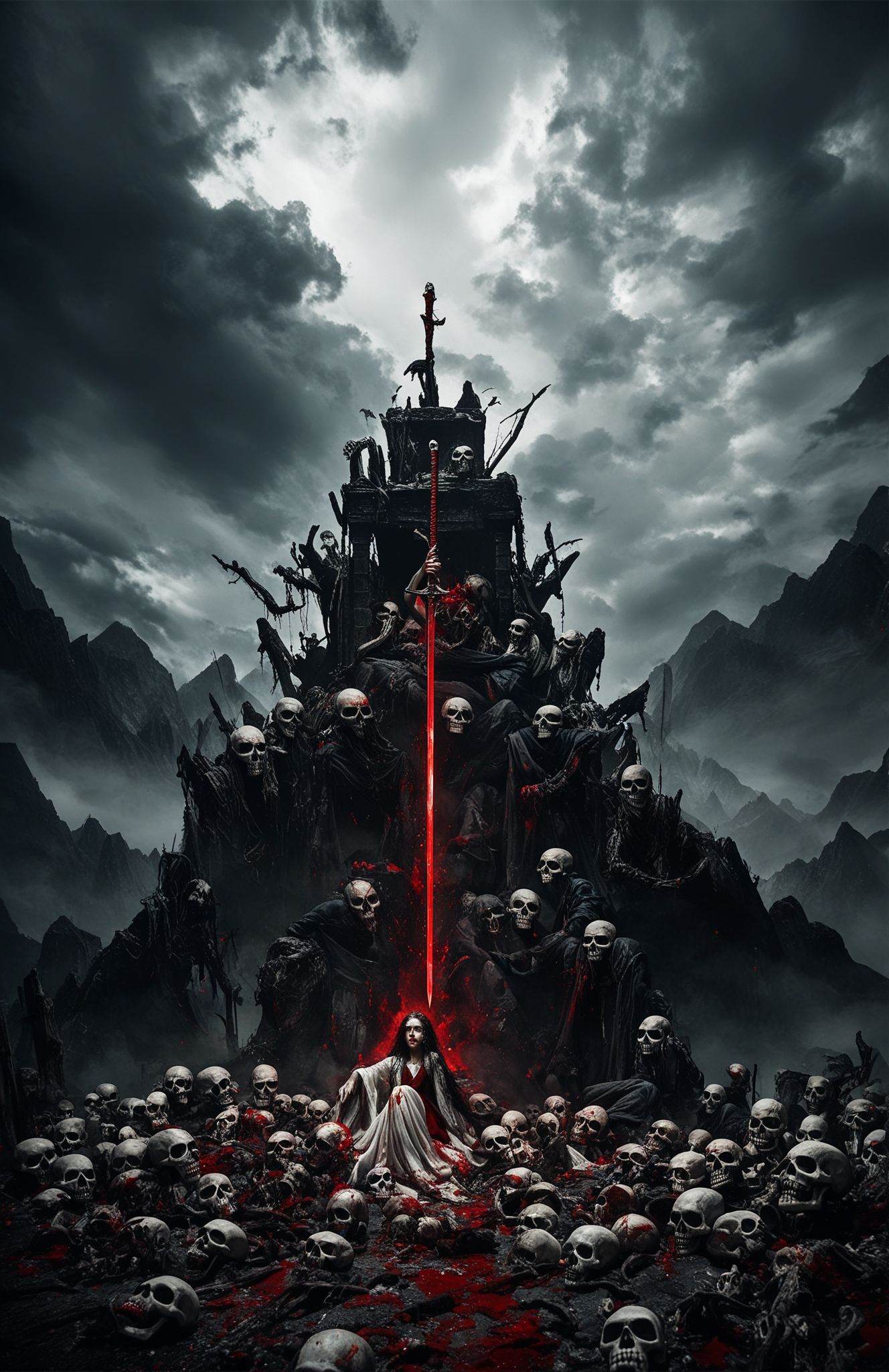 score_9,score_8_up,score_7_up,score_6_up,score_5_up,hanfu, : A realistic painting of a woman with long flowing hair and a dark blue tattered hanfu dress. She is as big as a mountain and sits on a throne made of skulls and bones. Clouds and mist surround her, and the background is a dark and stormy sky. Below her is an ocean of skulls, and many tiny people. She holds a red short sword in her hand. She has blood stains on her clothes and arms. The overall atmosphere is gloomy and ominous.