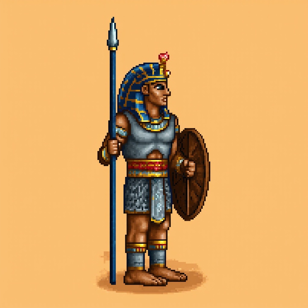 An ancient Egyptian soldier stands in full battle attire,  holding a spear and shield,  with a determined expression on hi...