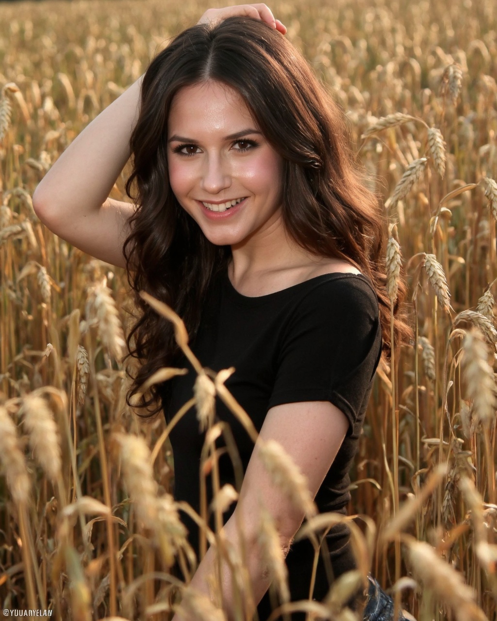 A portrait of erin_sanders in a field of tall,  golden wheat stalks bathed in the warm glow of the setting sun. She is cap...