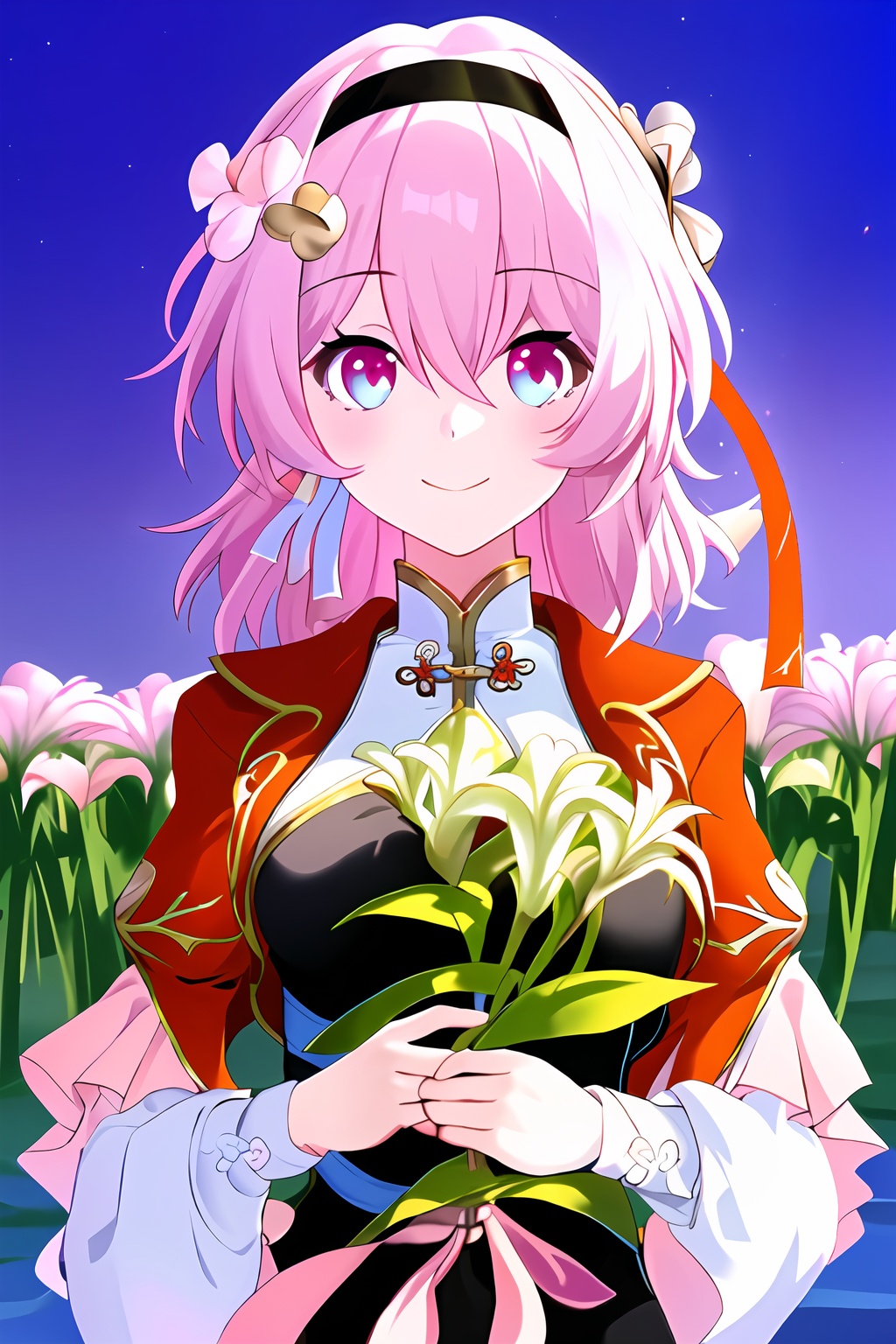 <lora:march-000017>,masterpiece,best quality,march7th,china dress,multicolored eyes,red jacket,1girl,solo,smile,holding,flower,holding flower,lily (flower),hairband,white flower,(blush:0.3),long sleeves,petals,black hairband,closed mouth,upper body,looking at viewer,night,