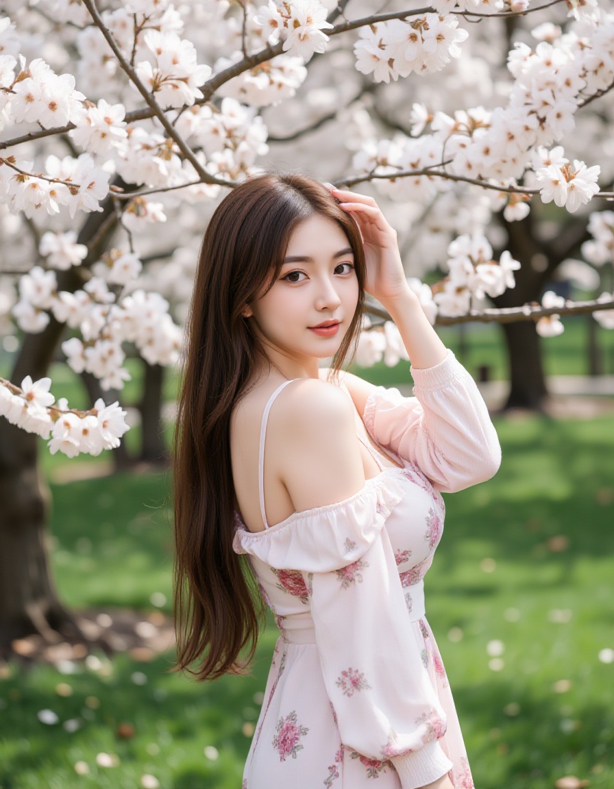 A young asian woman with long,  straight brown hair and fair skin stands in a park under blooming cherry blossom trees. Sh...