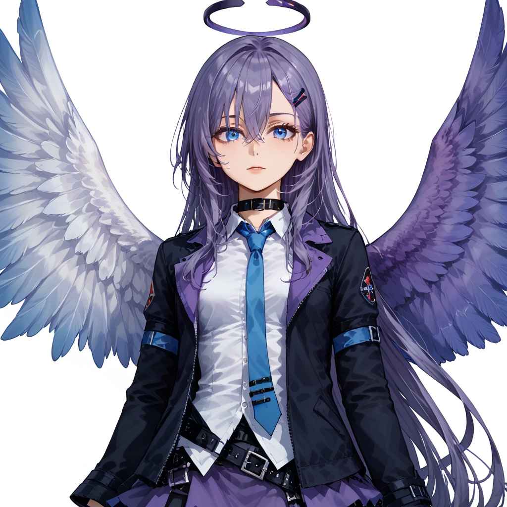 (white background:1.2),looking at viewer,(SOLO:1.4),outline,simple background,upper body, cowboy shot,looking at viewer,(((arms at side))),  fu hua,long hair,bangs,blue eyes,hair between eyes,hair ornament,purple hair,blue hair,feathered wings,wings,angel wings,bangs,thighhighs,high heels,boots,bird tail,bird wings,choker,white shirt,skirt,belt buckle,necktie,open jacket,thigh holster,thigh strap,jacket,belt,hairclip,(((hairclip at left,hairstyles that expose the left ear,))),<lora:lanque-pony:0.8>