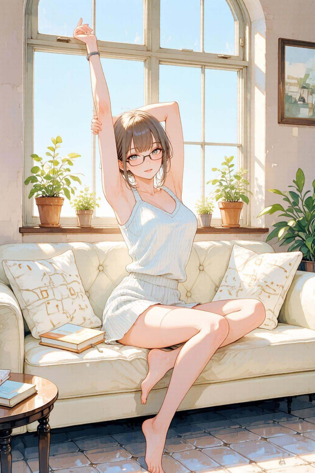 nijiwatercolor1q anime illustration.A woman is sitting on a light-colored sofa in a sunlit room. She is wearing a white sl...