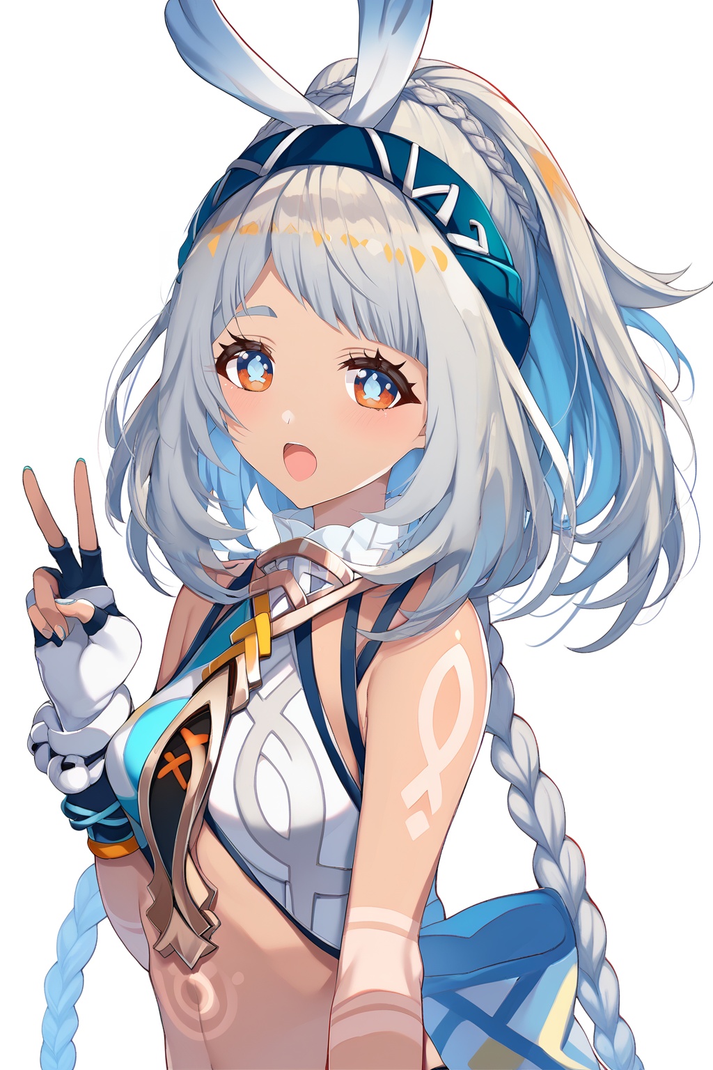 score_9,score_8_up,score_7_up,score_6_up,score_5_up,score_4_up,source_anime,source_cartoon,<lora:mualaniTUPONYXL-000001:1>,mualani \(genshin impact\),1girl,one eye closed,solo,fingerless gloves,v,smile,white background,open mouth,dark skin,twin braids,simple background,upper body,looking at viewer,red eyes,long hair,;d,bare shoulders,bunny hair ornament,small breasts,breasts,blue hairband,fish-shaped pupils,white swimsuit,