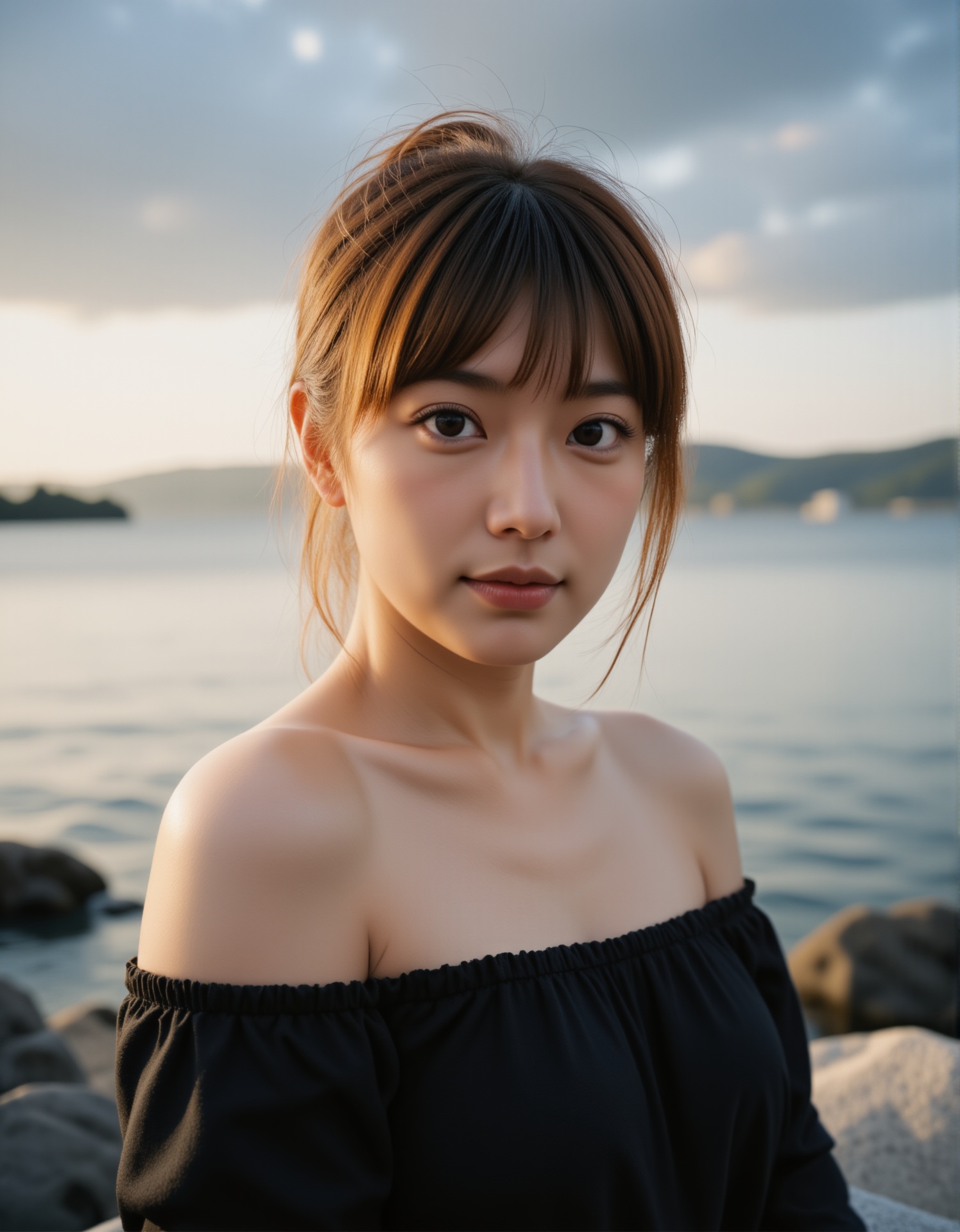 A young woman with fair skin and a slender physique stands by the edge of a body of water,  possibly a lake or sea,  durin...