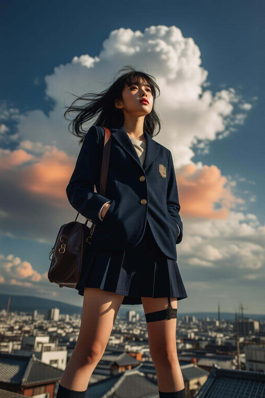 midjourneylowangle11q Low angle shot. a high school girl with long,  flowing black hair,  standing confidently at the edge...