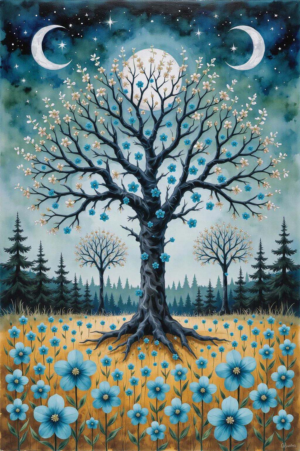 yawc1 watercolor.Full shot of a vibrant painting. A large central tree,  rendered in deep black,  is adorned with numerous...
