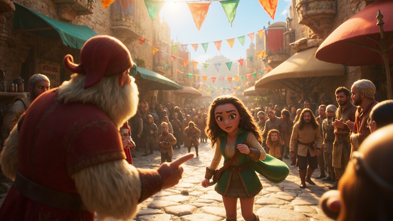 A bustling medieval marketplace filled with vendors shouting their wares and colorful banners fluttering in the wind. In t...
