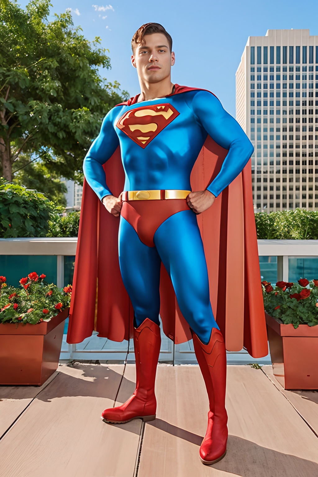 skyscraper,  rooftop garden,  standing next rose bushes on Tensor.Art