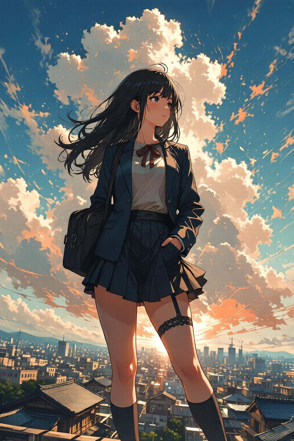 nijidigital3q anime illustration.A low-angle view of a high school girl with long,  flowing black hair,  standing confiden...