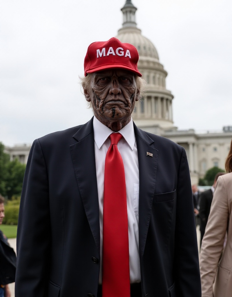 Donald Trump is a zombie wearing a red baseball cap with the text "MAGA" and wears a suit with a very long red tie. He sta...